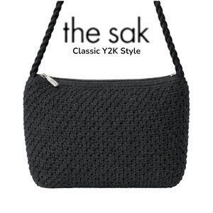 The Sak Black Crochet Knit Shoulder Bag Boho Y2K Zip Top Purse